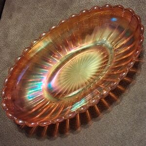 Imperial Glass Co. Rubigold Iridescent Oval Glass Celery Dish